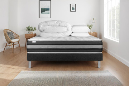 Pack lit complet 200x200 cm - Matelas + Sommier Noir (en kit) + 2 oreillers + Couette - Vitalspring Zen