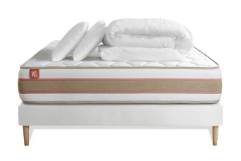 Pack lit complet 200x200 cm - Matelas + Sommier Blanc (en kit) + 2 oreillers + Couette - Le Délicat
