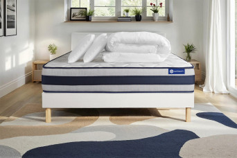 Pack lit complet 180x200 cm - Matelas + Sommier Blanc (en kit) + 2 oreillers + Couette - Actiflex Ergo