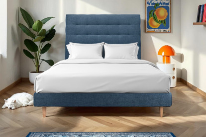 Lit 150x200 cm - Sommier à lattes H29 cm + tête de lit capitonnée - Tissu Toile natté Bleu Océan