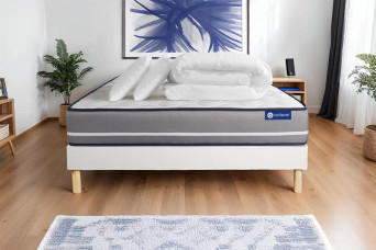 Pack lit complet 200x200 cm - Matelas + Sommier Blanc (en kit) + 2 oreillers + Couette - Actilatex Pur
