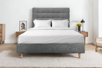 Lit 150x190 cm - Sommier tapissier H35 cm + tête de lit capitonnée - Tissu Toile natté Gris Anthracite