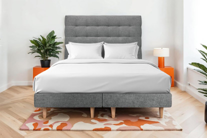 Lit 2x 90x200 cm - Sommier tapissier H29 cm + tête de lit capitonnée - Tissu Toile natté Gris Anthracite