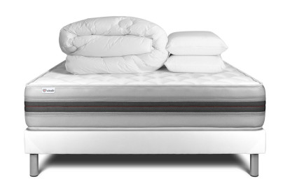 Pack lit complet 140x190 cm - Matelas + Sommier Blanc (en kit) + 2 oreillers + Couette - Vitalmemo Back