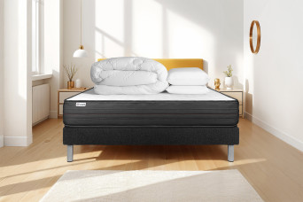 Pack lit complet 140x200 cm - Matelas + Sommier Noir (en kit) + 2 oreillers + Couette - Vitalpower