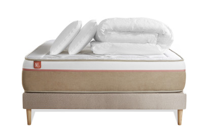 Pack lit complet 200x200 cm - Matelas + Sommier Beige (en kit) + 2 oreillers + Couette - Le Soyeux