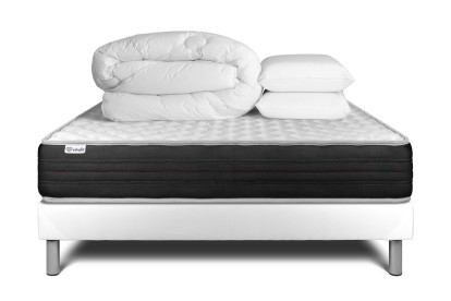 Pack lit complet 200x200 cm - Matelas + Sommier Blanc (en kit) + 2 oreillers + Couette - Vitalmemo One