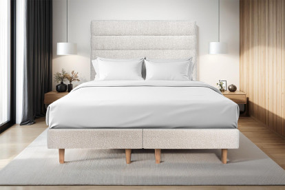 Lit 2x 90x200 cm - Sommier tapissier H29 cm + tête de lit à lignes - Tissu Bouclette Beige Clair