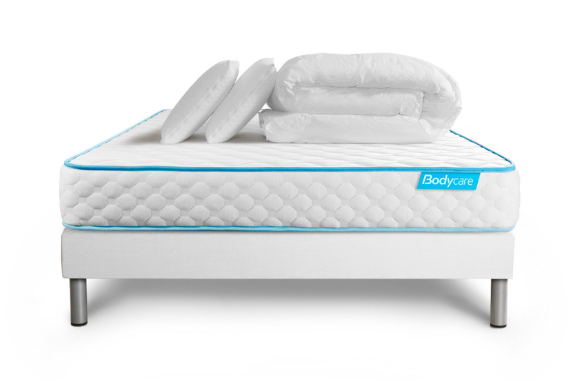 Pack lit complet 160x200 cm - Matelas + Sommier Blanc + 2 oreillers + Couette - Bodyone