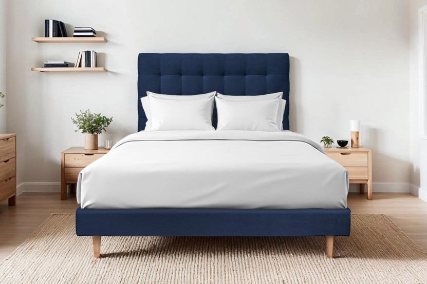 Lit 160x200 cm avec Tête de lit capitonnée - Tissu Velours Bleu Océan
