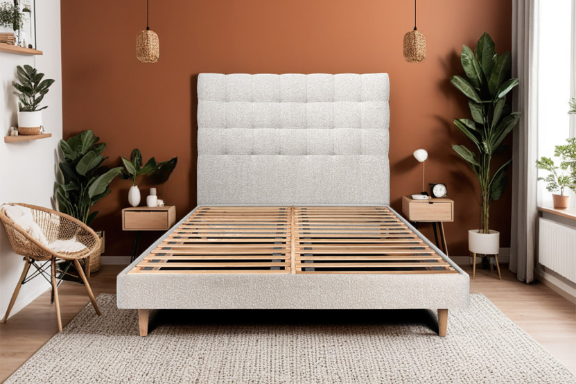 Lit 140x200 cm avec Tête de lit capitonnée - Tissu Bouclette