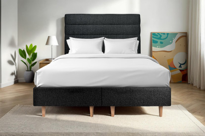 Lit 2x 100x200 cm - Sommier tapissier H35 cm + tête de lit à lignes - Tissu Bouclette Noir