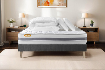 Pack lit complet 140x200 cm - Matelas + Sommier Gris (en kit) + 2 oreillers + Couette - Memo Spring