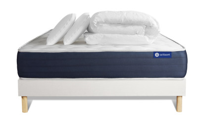 Pack lit complet 140x190 cm - Matelas + Sommier Blanc (en kit) + 2 oreillers + Couette - Actiflex Sleep