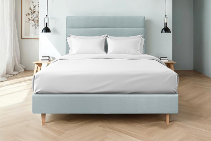 Lit 140x200 cm - Sommier tapissier H35 cm + tête de lit à lignes - Tissu Velours Gris Bleuté