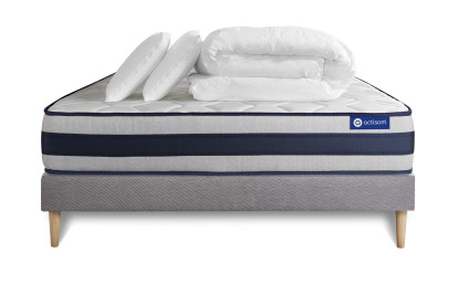Pack lit complet 200x200 cm - Matelas + Sommier Gris (en kit) + 2 oreillers + Couette - Actiflex Ergo