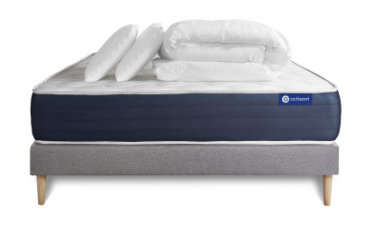 Pack lit complet 140x190 cm - Matelas + Sommier Gris (en kit) + 2 oreillers + Couette - Actilatex Sleep
