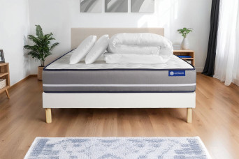 Pack lit complet 140x200 cm - Matelas + Sommier Blanc (en kit) + 2 oreillers + Couette - Actimemo Pur