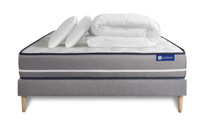 Pack lit complet 200x200 cm - Matelas + Sommier Gris (en kit) + 2 oreillers + Couette - Actiflex Pur