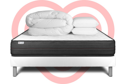 Pack lit complet 160x200 cm - Matelas + Sommier Blanc (en kit) + 2 oreillers + Couette - Vitalpower