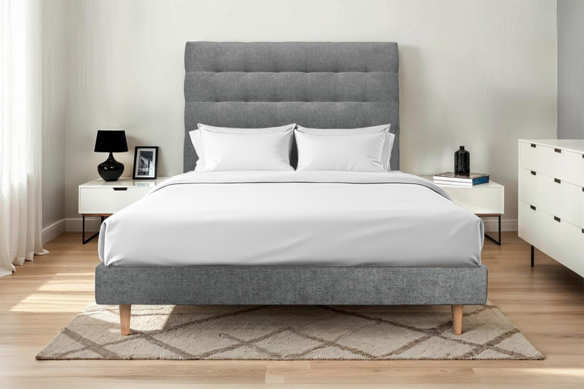 Lit 150x190 cm avec Tête de lit capitonnée - Tissu Toile natté