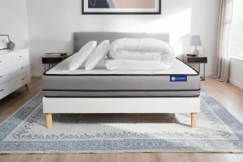 Pack lit complet 140x200 cm - Matelas + Sommier Blanc (en kit) + 2 oreillers + Couette - Actimemo Night