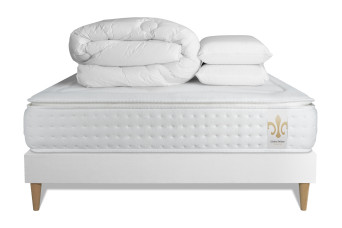 Pack lit complet 140x190 cm - Matelas + Sommier Blanc (en kit) + 2 oreillers + Couette - Vingt-Quatre PLUS Pack lit complet 140x190 cm - Matelas + Sommier Blanc (en kit) + 2 oreillers + Couette - Vingt-Quatre PLUS