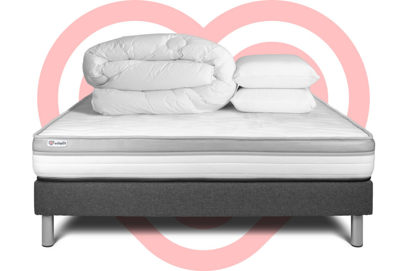Pack lit complet 180x200 cm - Matelas + Sommier Gris (en kit) + 2 oreillers + Couette - Vital Relax