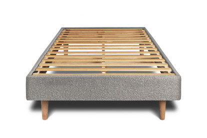 Lit 90x200 cm - Sommier à lattes H29 cm + tête de lit à lignes - Tissu Bouclette Gris