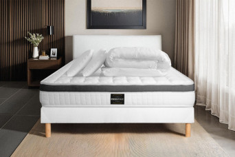 Pack lit complet 140x200 cm - Matelas + Sommier Blanc (en kit) + 2 oreillers + Couette - Supérieur