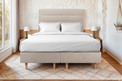 Lit 2x 80x200 cm - Sommier tapissier H35 cm + tête de lit à lignes - Tissu Toile natté Beige Brun