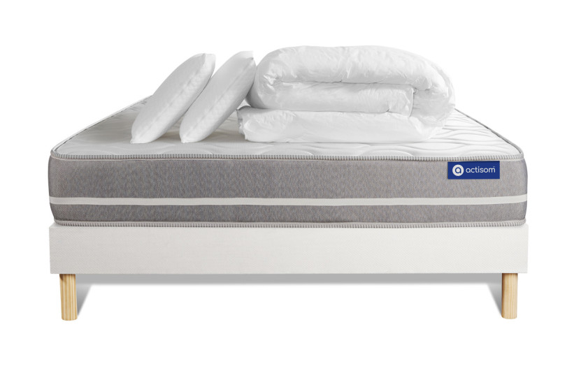 Pack lit complet 180x200 cm - Matelas + Sommier Blanc (en kit) + 2 oreillers + Couette - Actiflex Touch