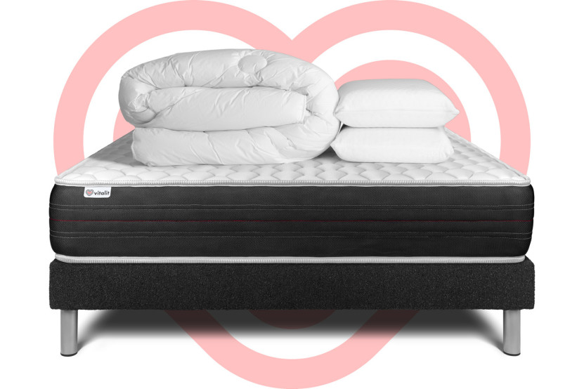 Pack lit complet 160x200 cm - Matelas + Sommier Noir (en kit) + 2 oreillers + Couette - Vitalspring