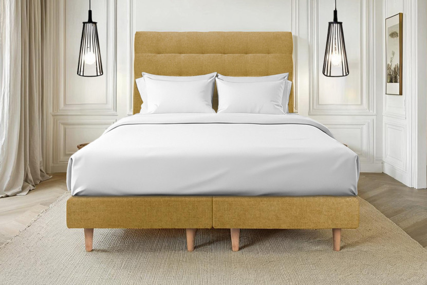 Lit 2x80x200 cm avec Tête de lit capitonnée - Tissu Toile natté Jaune