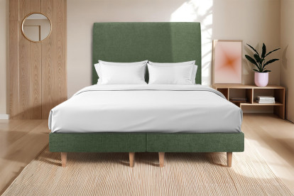 Lit 2x 90x200 cm - Sommier tapissier H29 cm + tête de lit tapissée - Tissu Toile natté Vert Kaki
