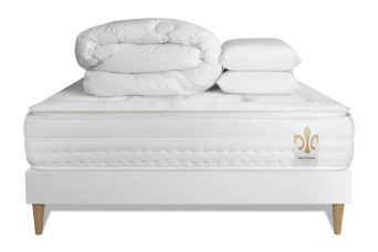 Pack lit complet 140x190 cm - Matelas + Sommier Blanc + 2 oreillers + Couette - Vingt-Huit PLUS