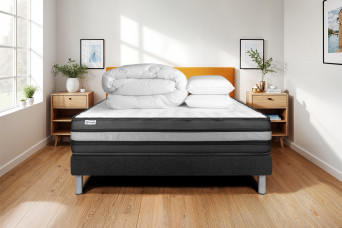 Pack lit complet 140x200 cm - Matelas + Sommier Noir (en kit) + 2 oreillers + Couette - Vital Power Zen